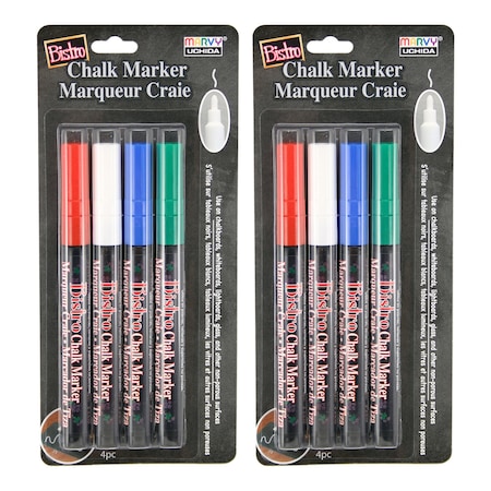 Marvy Uchida Bistro Chalk Markers, Fine Tip, 4 Colors Per Set, PK2 482_4E